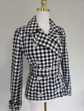 Vintage Lauren Ralph Lauren Black White Gingham Belted  Cropped Trench Jacket S